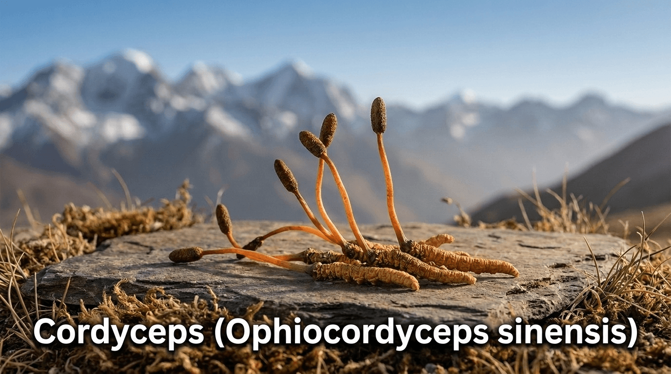 Le Cordyceps (Ophiocordyceps sinensis), trésor millénaire de la médecine traditionnelle chinoise traditionnellement récolté sur le plateau tibétain, aujourd'hui étudié pour soutenir énergie et endurance.