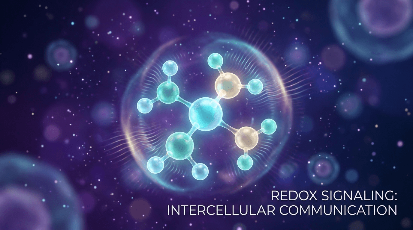 Représentation 3D d'une molécule lumineuse symbolisant la communication intercellulaire, avec des atomes cyan, tea et doré baignant dans un champ d'énergie subtil.