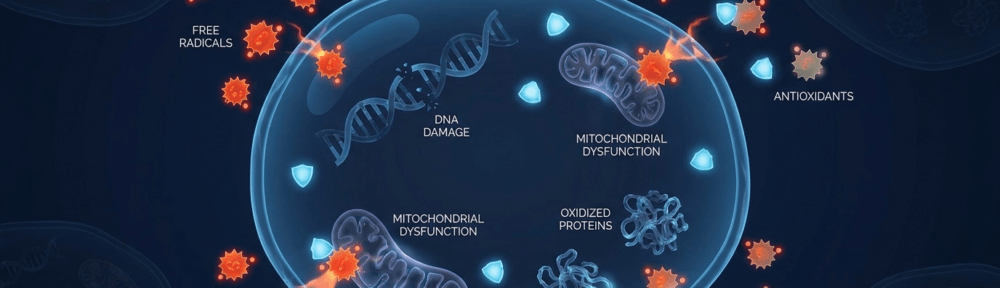 Illustration scientifique d'une cellule attaquée par des radicaux libres, avec des antioxydants protecteurs.