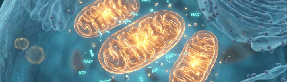 Vue microscopique réaliste d'une cellule humaine montrant des mitochondries actives produisant de l'énergie ATP grâce au NAD+ pour soutenir la fonction cellulaire et ralentir le vieillissement.