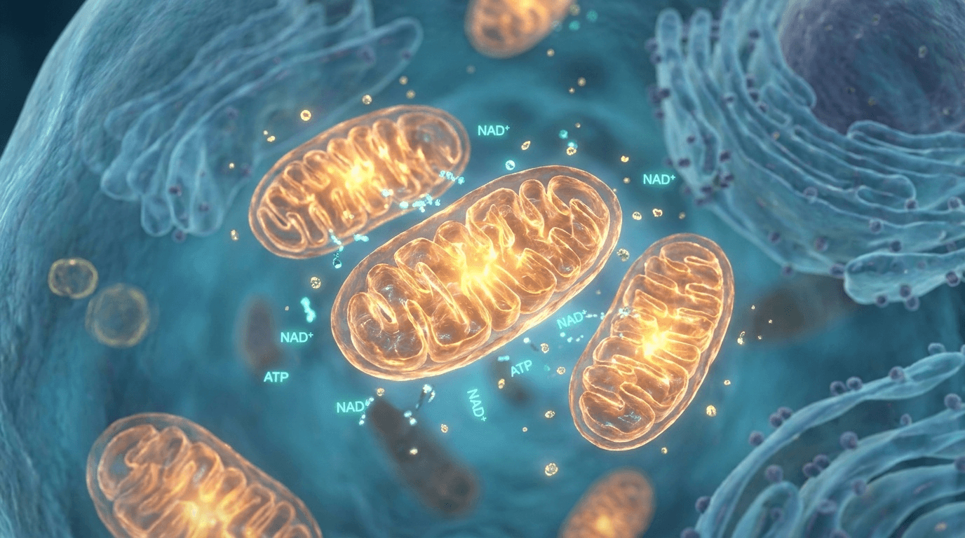 Visualisation cellulaire hyperréaliste illustrant le rôle central des mitochondries dans la conversion des nutriments en énergie, processus dépendant du NAD+.