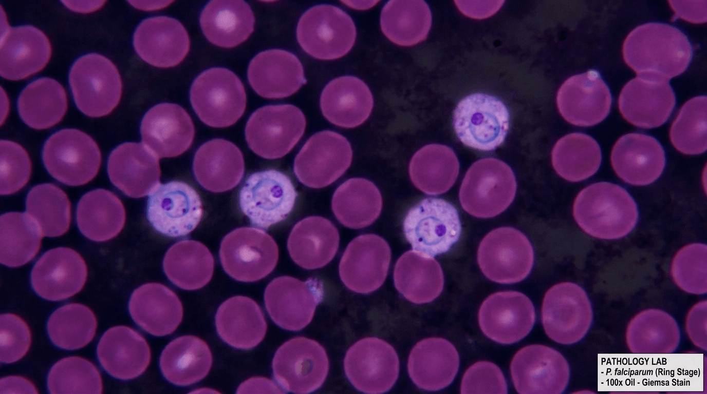 Plasmodium falciparum observé au microscope : l'ennemi invisible du globule rouge