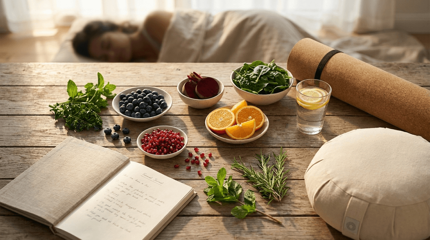 Photographie lifestyle flat-lay avec fruits colorés riches en antioxydants (myrtilles, grenade, agrumes), yoga, méditation et lumière matinale dorée.