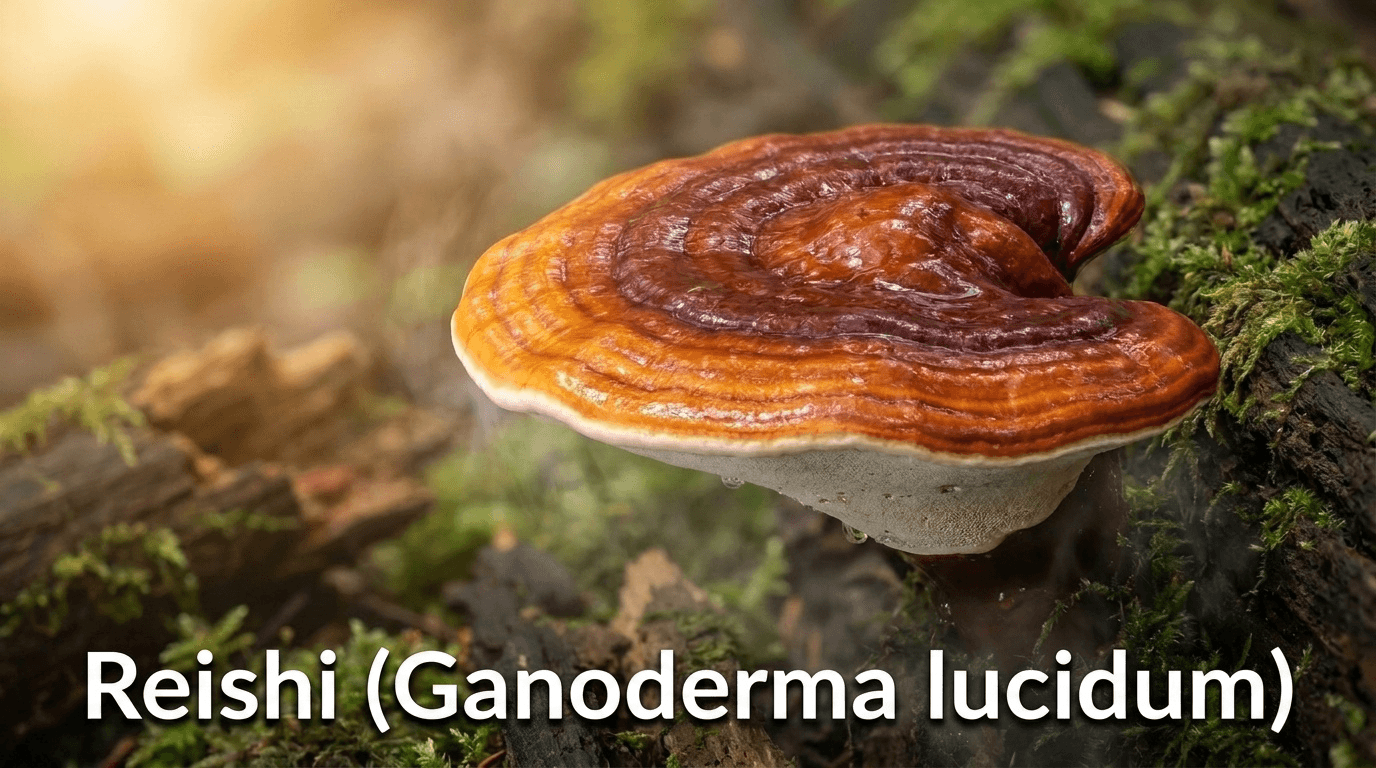 Le Reishi (Ganoderma lucidum), champignon médicinal millénaire de la pharmacopée chinoise, utilisé traditionnellement pour soutenir longévité, immunité et équilibre général de l'organisme.
