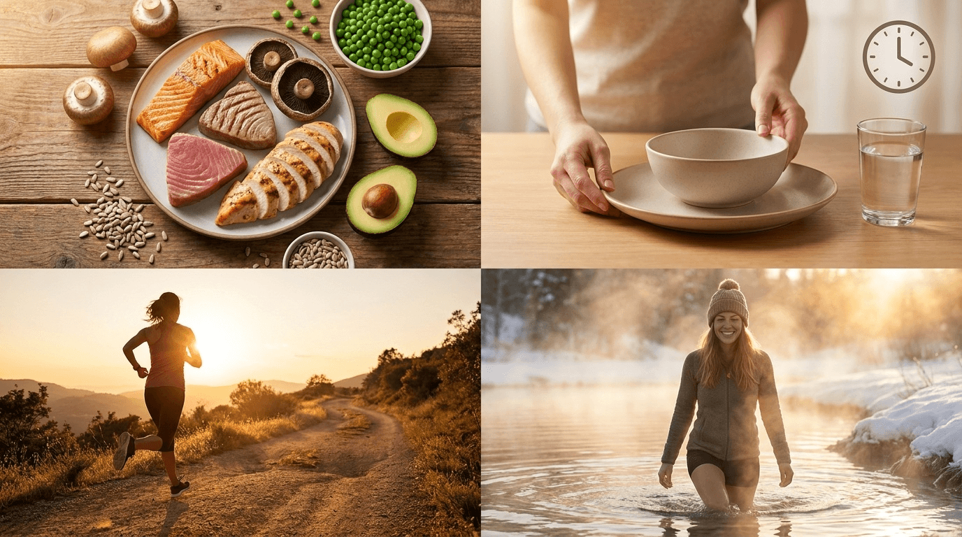 Infographie élégante présentant les quatre levier naturels documentés pour soutenir la production cellulaire de NAD+ et favoriser la longévité mitochondriale.