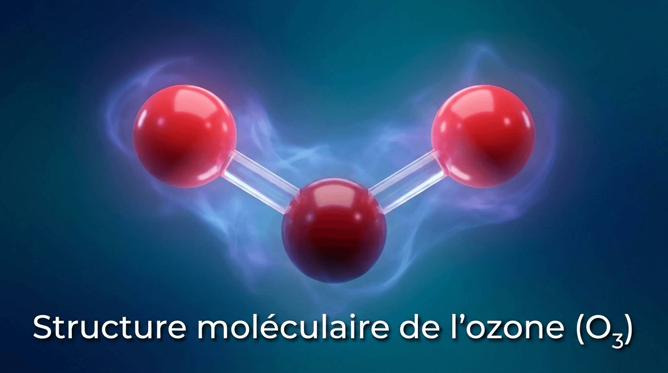 Représentation scientifique précise de la molécule d'ozone (O3), à la fois bouclier atmosphérique contre les UV et molécule oxydante au cœur de l'ozonothérapie médicale.