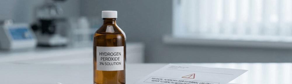 Photographie éditoriale équilibrée montrant un flacon pharmaceutique de peroxyde d'hydrogène 3 % aux côtés d'éléments de mise en garde sanitaire, illustrant la dualité entre son usage antiseptique sécuritaire et ses usages internes potentiellement dangereux.