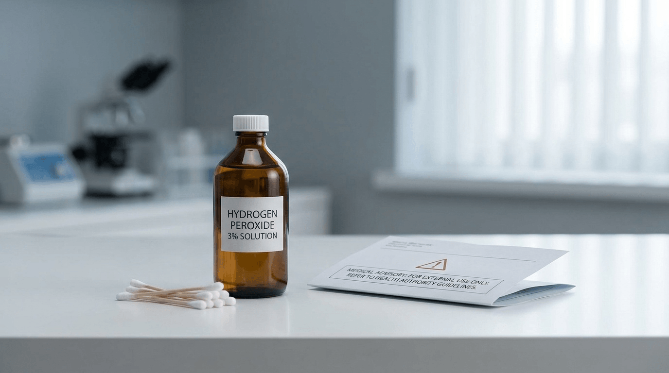 Composition éditoriale nuancée illustrant la distinction essentielle entre l'usage antiseptique topique sécuritaire du peroxyde d'hydrogène et la mise en garde sanitaire contre ses usages internes non encadrés.