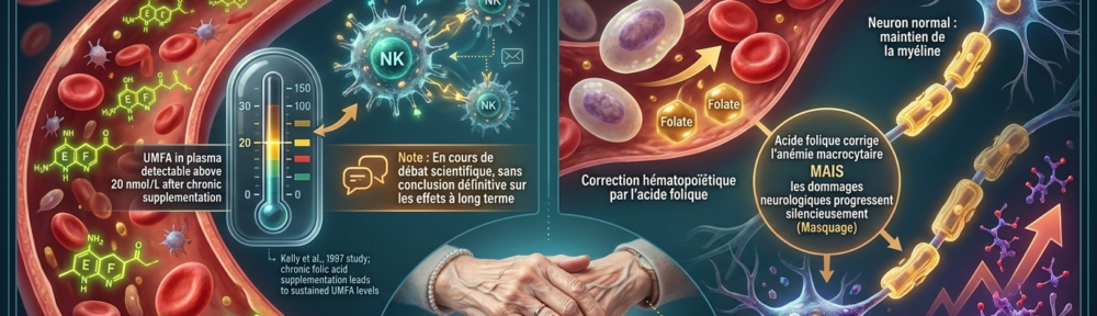 Infographie médicale split‑screen en style NEJM, sur fond teal‑cobalt profond illustrant les deux principales précautions d'usage. Panneau gauche : molécule fluorescente d'UMFA — UnMetabolized Folic Acid (ptéroylglutamate jaune monoglutamate avec anneaux E et F caractéristiques) circulant dans le plasma au milieu de globules rouges ; compteur plasmatique indiquant « UMFA détectable > 20 nmol/L après supplémentation chronique » avec citation de Kelly et al. 1997 ; cellules immunitaires (NK à spikes dorés) recevant la molécule UMFA et notification « en cours de débat scientifique, aucune conclusion définitive ». Panneau droit : macro de globules rouges — anémie mégaloblastique corrigée par l'acide folique (GR macrocytaires enserrés formant des chaines neuves), à côté d'un neurone à gaine de myéline intacte (anneaux jaunes compactes autour de l'axone) ; contraste avec une cellule nerveuse présentant une démyélinisation visible, accumulation d'acide méthylmalonique (MMA) et homocystéine élevée — illustrant comment l'excès d'acide folique peut masquerer la néphropathie hématologique d'une carence en B12 tout en laissant les dommages neurologiques progresser silencieusement ; mains âgées en flou artistique avec picotements indicateurs de paresthésie, légendées « vigilance personnes âgées et végétaliens ». Palette cinétique ambre‑cobalt, rendu photoréalistique 16:9.