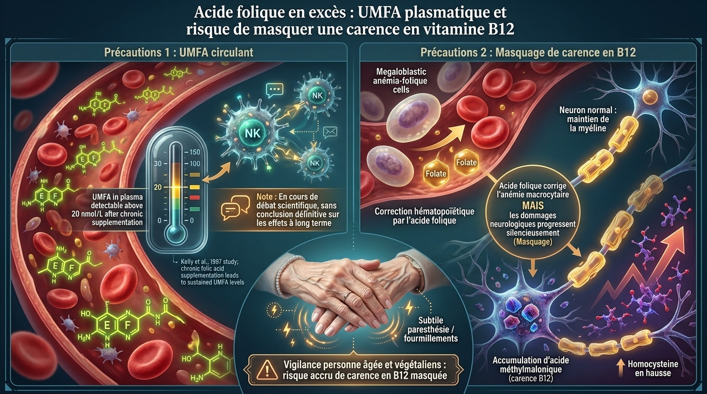 Double précaution : (1) accumulation d'UMFA plasmatique en cas de surconsommation chronique, (2) risque de masquerer une carence en vitamine B12 (correction de l'anémie sans réparation neurologique).