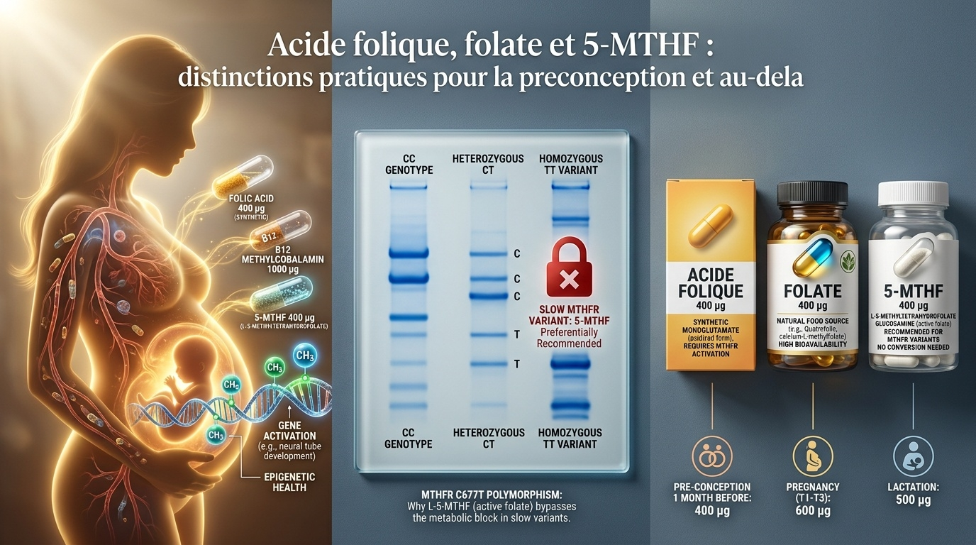 Table de lecture pratique des trois formes : acide folique synthétique, folate alimentaire ou standardisé, 5‑MTHF actif — indications selon génotype MTHFR et contexte clinique.