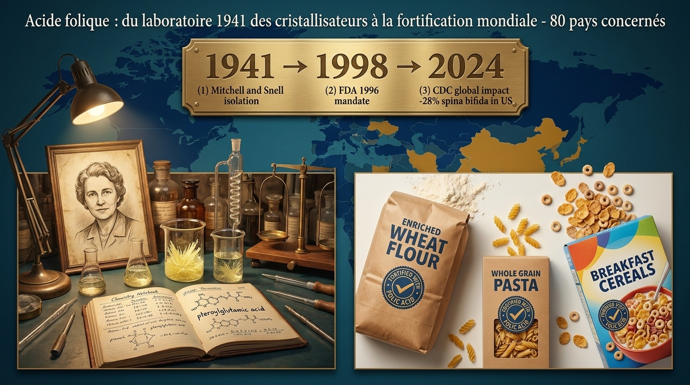 Chronologie de l'acide folique : des cristaux de laboratoire du Lederle en 1941 à la fortification alimentaire généralisée dans plus de 80 pays, et son impact en santé publique mondiale.