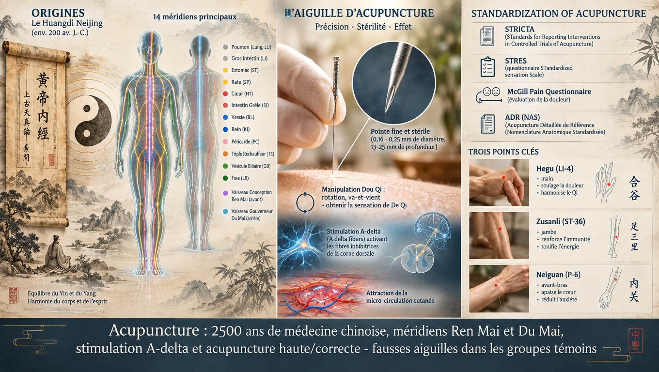 2 500 ans de MTC : 14 méridiens, Yin‑Yang, points Hegu/ST‑36/P‑6 ; stimulation A‑δ → endorphines, modulation vagale, baisse du cortisol ; l'acupuncture « vraie » est meilleure que la « fausse » mais l'effet placebo compte pour moitié.