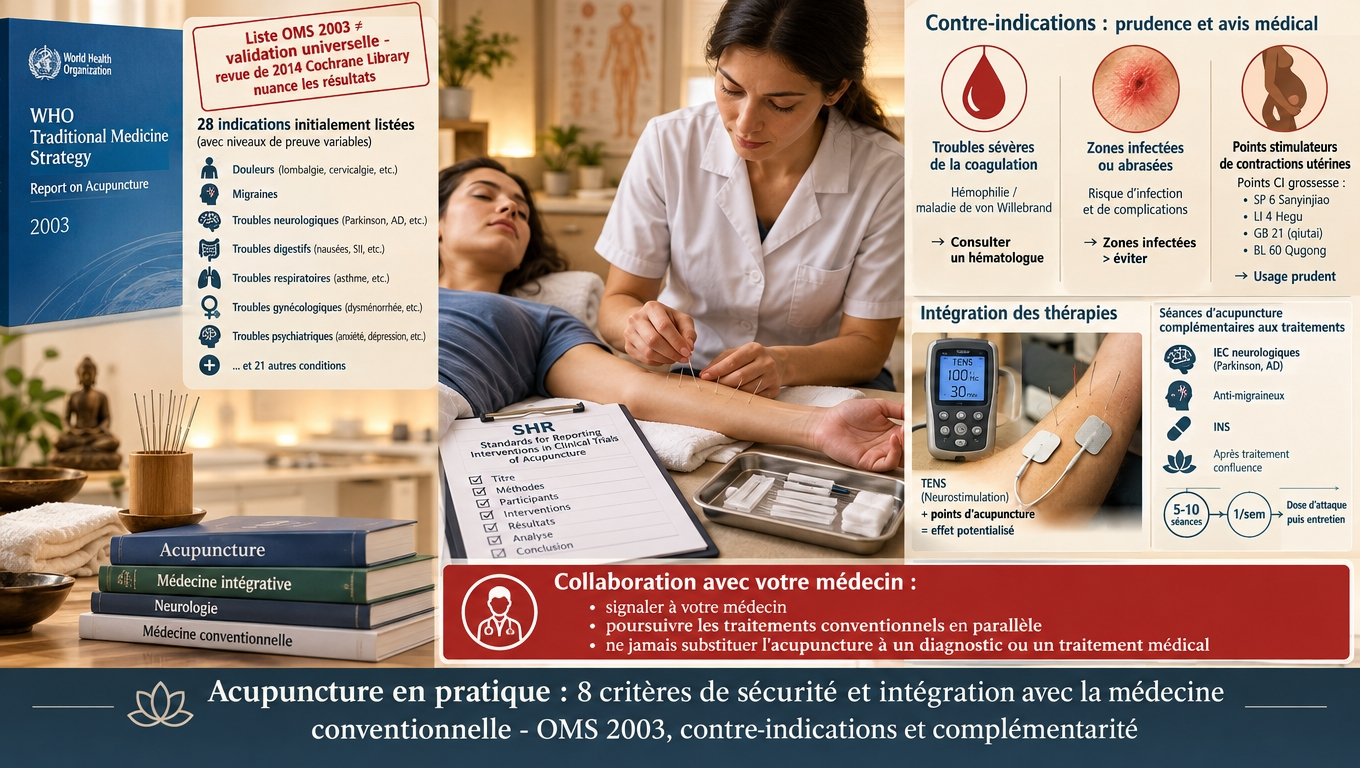 Praticien certifié, aiguilles stériles CE, six critères objectifs ; contre‑indications : coagulopathie sévère, points CI grossesse, lésions cutanées ; toujours en complément et jamais en substitution d'un suivi médical.