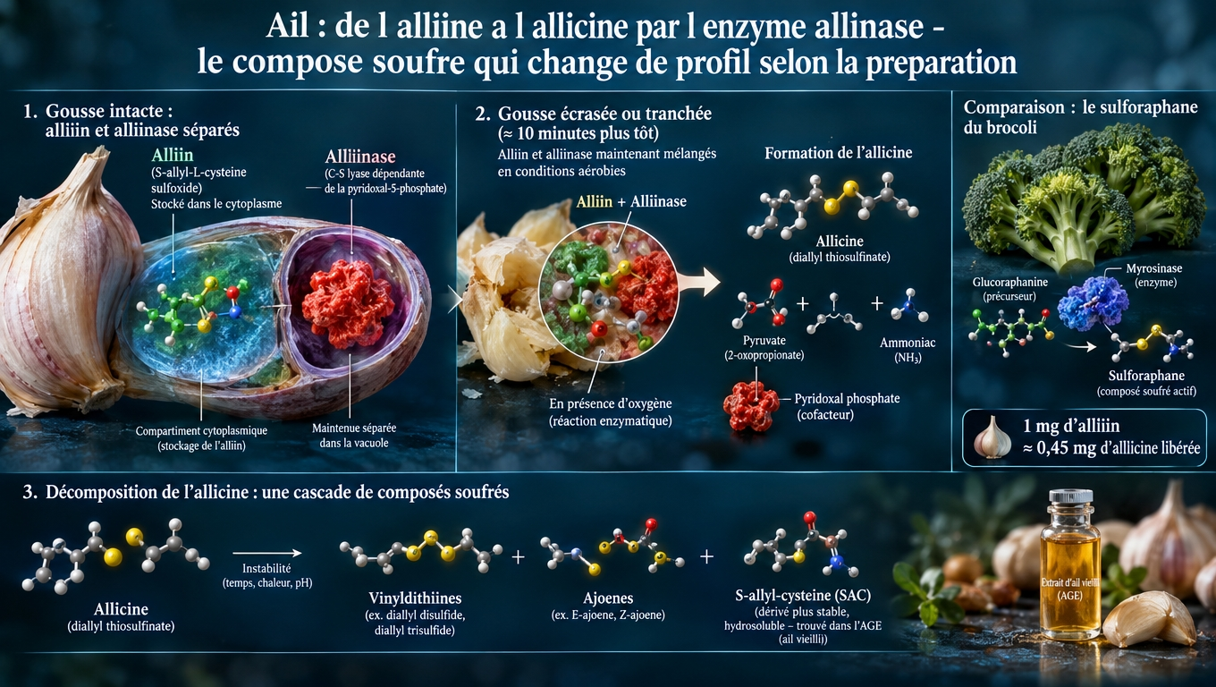 Mécanisme enzymatique intime qui transforme le précurseur inodore en altricine bioactive, et cascade de dérivés soufrés plus stables (SAC, ajoène, vinyl‑dithiines).