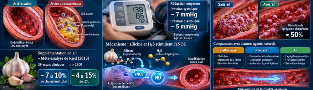 infographie split‑screen cinéma sur fond cobalt‑teal profond. Panneau gauche – Cholestérol : coupe artérielle avec endo­thélium sain vs plaque d'athérome (oxLDL captés par macrophages), données chiffrées : ‑7 à ‑10 % cholestérol total et ‑4 à ‑15 % LDL sous ail en méta‑analyse Ried 2013 (39 essais, > 2 300 patients), avec légère hausse HDL + 1,5 mg/dL ; oxydation du LDL freinée par S‑allyl‑cystéine et dialkyl polysulfures. Panneau central – Tension artérielle : brassard brassard sphygmométrique, baisse moyenne SBP ‑7 mmHg / DBP ‑5 mmHg chez hypertendus 50‑75 ans (28 essais, Ried 2016, ≈ 1 300 hypertendus) ; mécanisme micro‑anatomique – ajoènes et disulfures activant eNOS endo­théliale → production de NO → relaxation cellule musculaire lisse (vasodilatation) ; production parallèle du H₂S gazeux via CBS/CSE qui potentialise la réponse NO. Panneau droit – Anti‑agrégant : visualisation de l'agrégation plaquettaire inhibée par ajoènes et SAC (réduction ≈ 50 % vs témoin), avec parallèle Nattokinase / Oméga‑3 DHA/EPA / curcumine ; flux microcirculatoire amélioré. Bandeau bas : composés clés – SAC, SAMC, ajoène, diallyl trisulfide, voie inflammatoire NF‑κB inhibée, activation Nrf2 → glutathion.