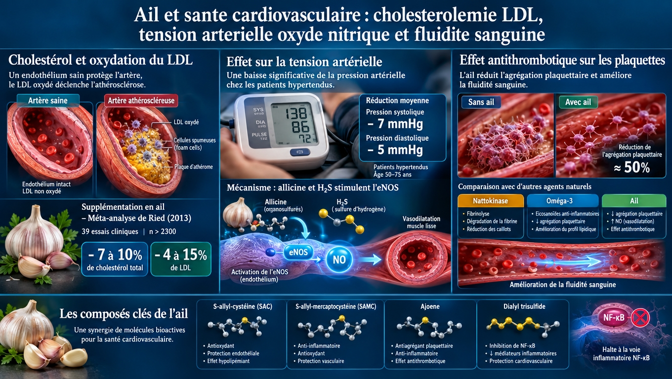Triade cardiovasculaire documentée – hypocholestérolémiant modeste, anti‑hypertenseur comparable à certains traitements, anti‑agrégant plaquettaire.