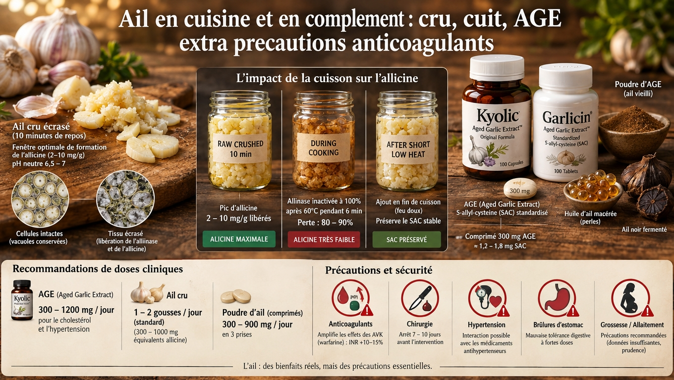 Vue pratique – optimiser l'usage culinaire (cru haché 10 min), utiliser AGE sans odeur, doser correctement, et sécuriser face aux anticoagulants.