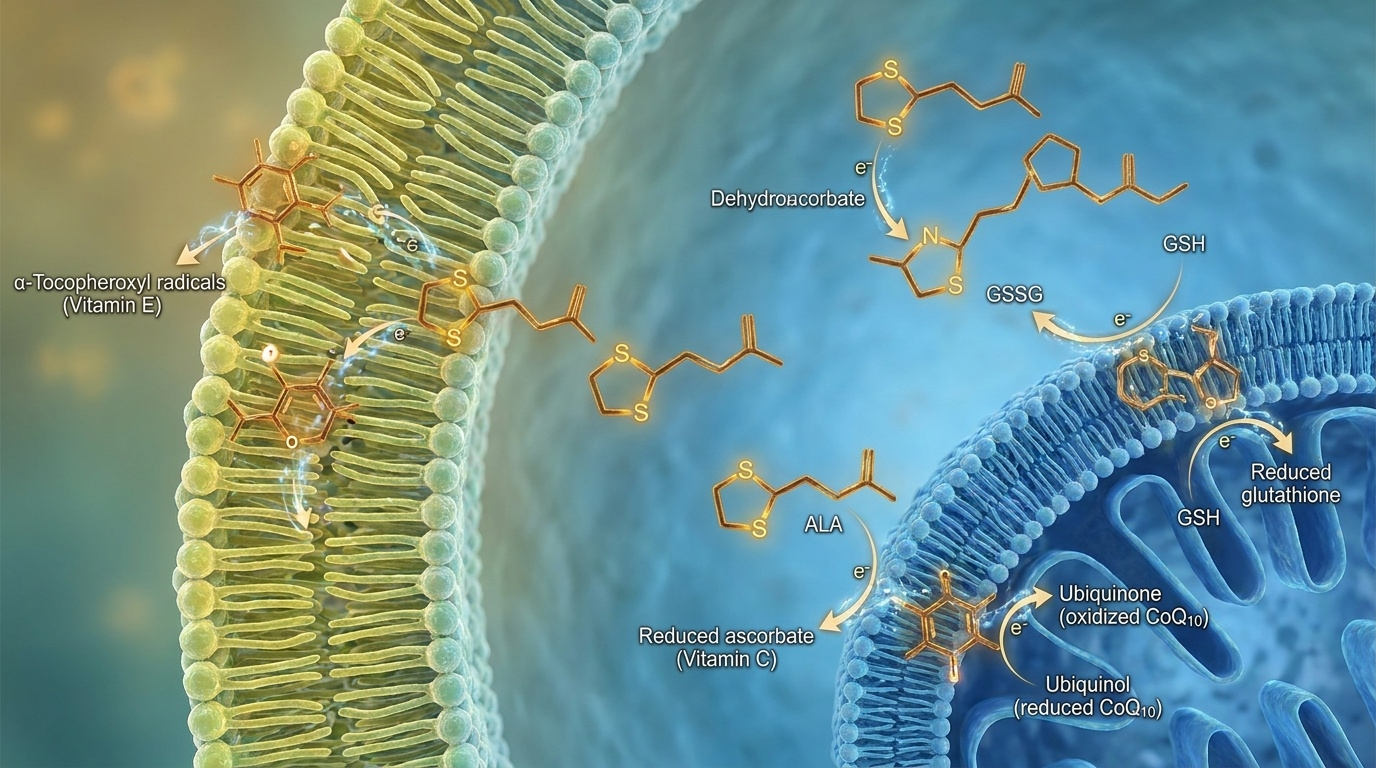 Schéma moléculaire haute précision illustrant la pièce maîtresse du réseau antioxydant : l'ALA régénère et reconnecte vitamine C, vitamine E, glutathion et CoQ10 dans une cascade synergique unique.