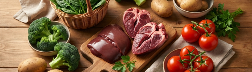 Photographie culinaire hyperréaliste des sources alimentaires naturelles d'acide alpha-lipoïque : épinards frais, brocolis, pommes de terre, abats (foie et cœur), avec herbes méditerranéennes en accompagnement sur table rustique.