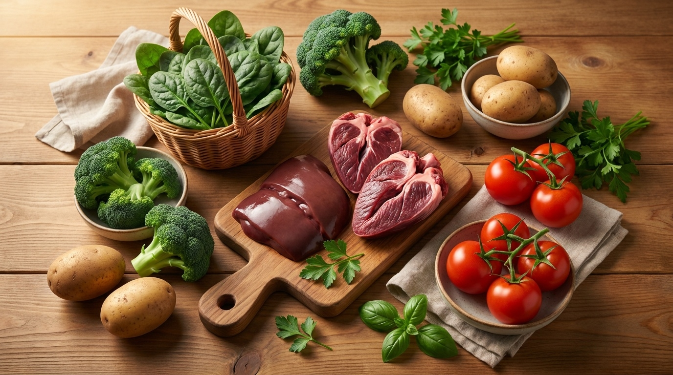 Composition alimentaire éditoriale illustrant les sources naturelles modestes d'ALA, majoritairement végétales (épinards, brocolis, pommes de terre) et animales (abats), justifiant l'intérêt d'une supplémentation pour obtenir des doses cliniquement étudiées.