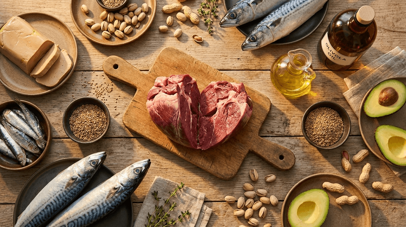 Composition alimentaire éditoriale présentant les aliments les plus riches en Coenzyme Q10 biodisponible, idéal pour visualiser concrètement les sources nutritionnelles de cette molécule.