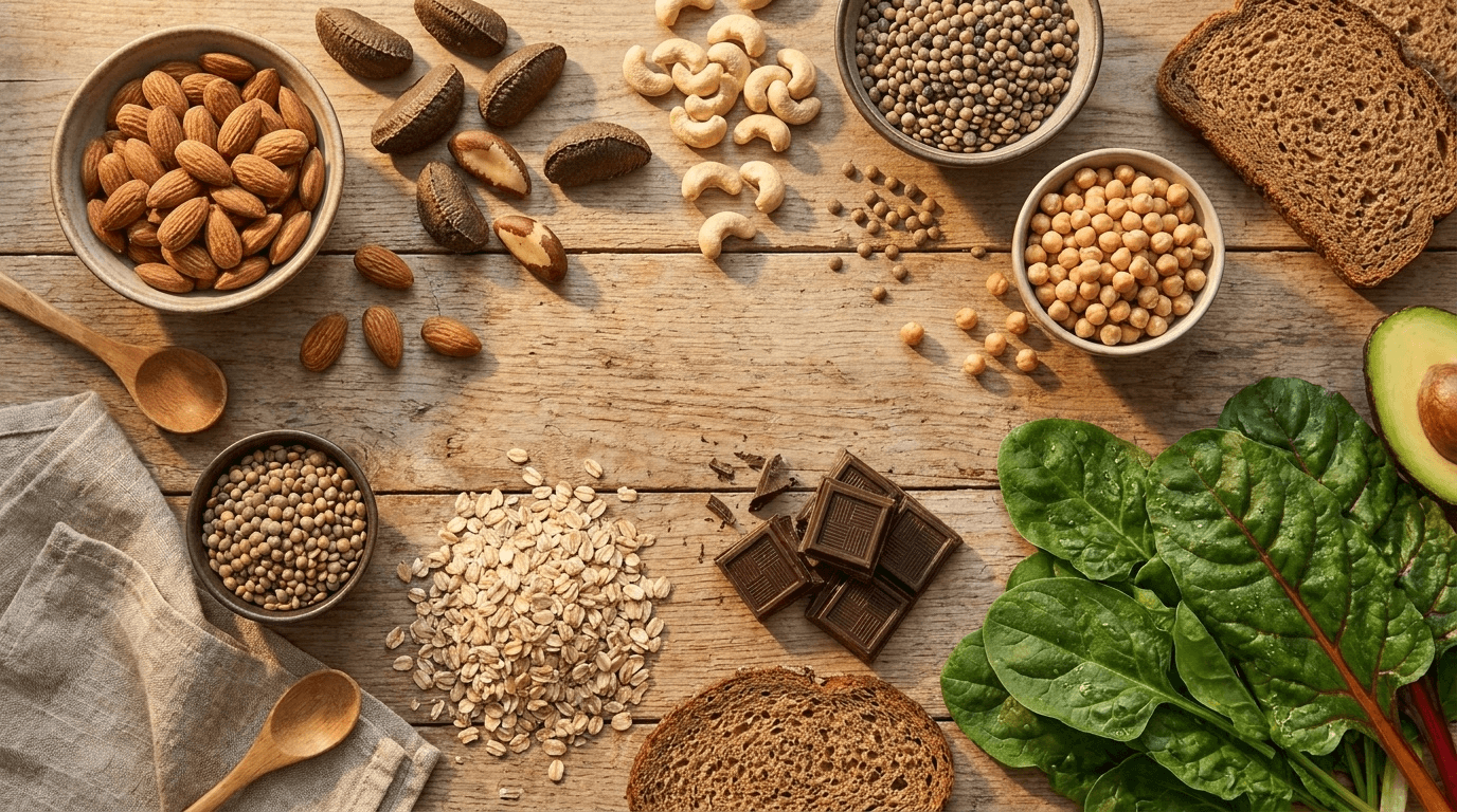 Composition alimentaire éditoriale en flat-lay présentant les principales sources naturelles de magnésium biodisponible, idéale pour visualiser les leviers nutritionnels évoqués dans votre article.