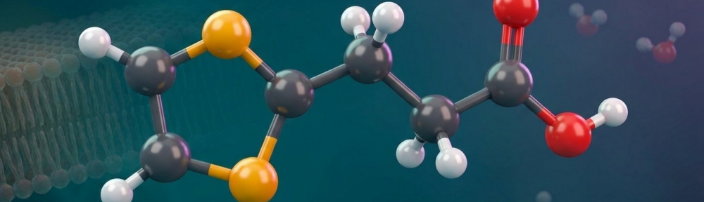 Visualisation 3D hyperréaliste de la structure chimique de l'acide alpha-lipoïque (1,2-dithiolane-3-pentanoïque) montrant son cycle dithiolane caractéristique avec pont disulfure et sa chaîne carboxylique terminale assurant sa double solubilité.