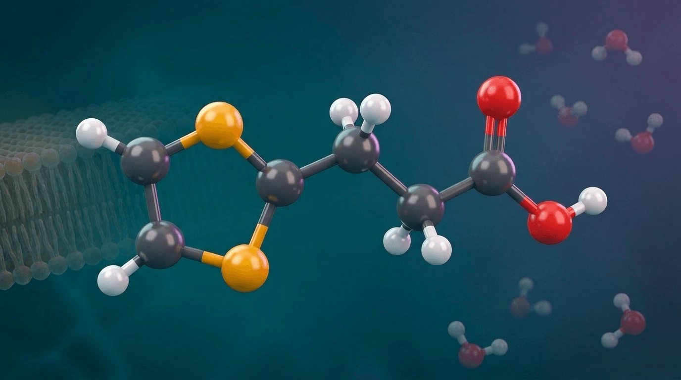 Représentation pharmacologique de l'ALA illustrant sa structure unique : cycle dithiolane soufré + chaîne carboxylique, responsable de sa double solubilité lui permettant d'agir dans tous les compartiments cellulaires.