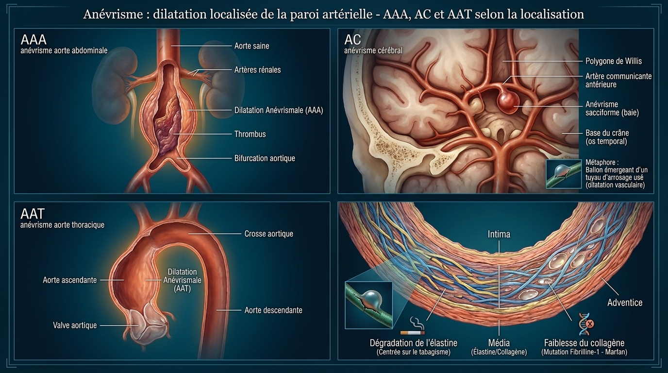 Anatomie comparative des trois principaux types d'anévrismes — AAA aortique abdominal, AC intracrânien, AAT aortique thoracique — et structure histologique de la paroi artérielle fragilisée.