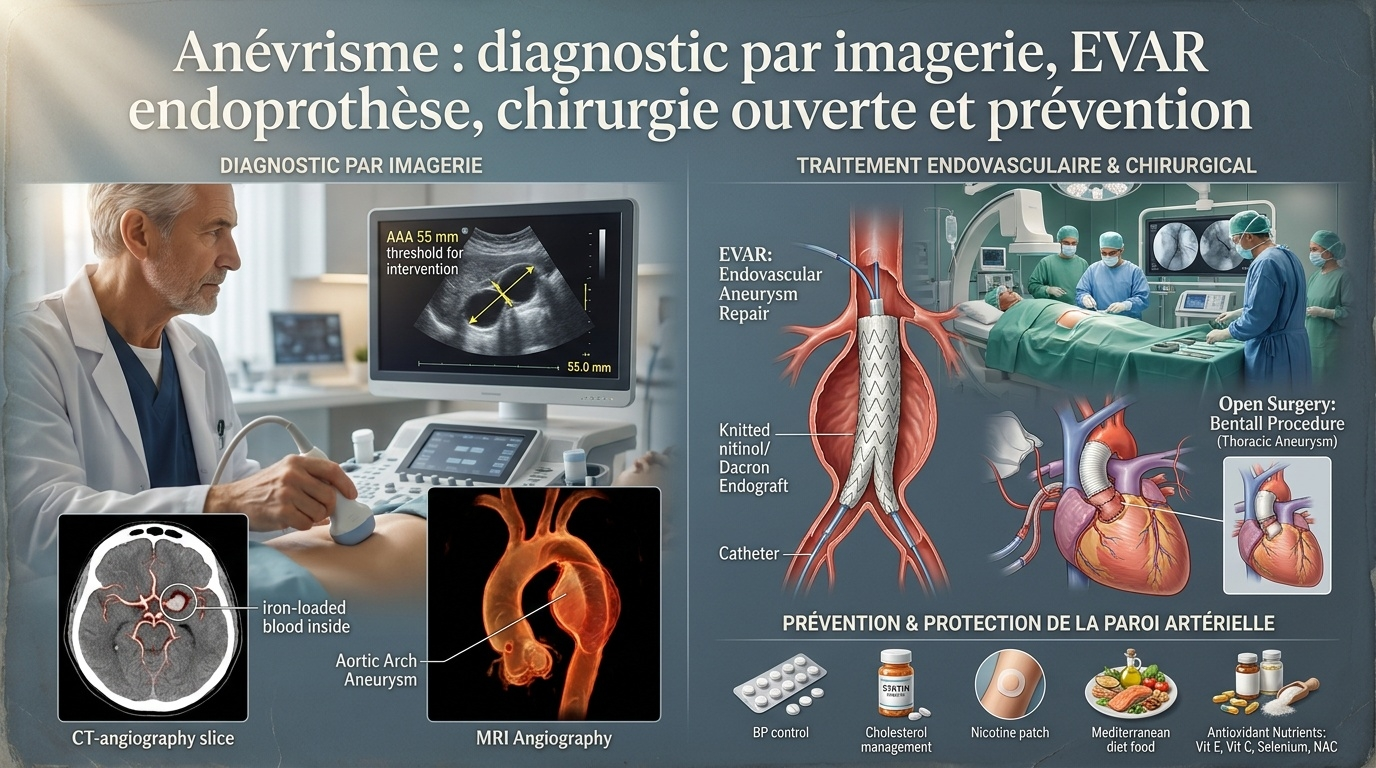 Diagnostic (échographie, angio‑scanner, angio‑IRM), seuils d'intervention (AAA 55 mm), traitement (EVAR endoprothèse, chirurgie ouverte Bentall) et prévention (HTA, tabac, cholestérol).