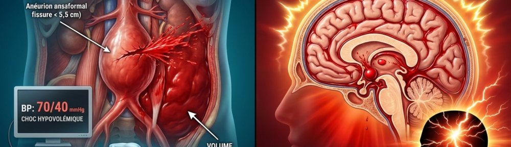 Infographie médicale split‑screen en style NEJM sur fond teal‑cobalt cinétique illustrant l'urgence rupture d'anévrisme. Moitié gauche : scénario de rupture d'AAA — sac anévrismal gonflé atteignant 5,5 cm avec une fissure transversale soudaine projetant du sang artériel rouge vermeil dans l'espace rétropéritonéal (hématome diffusant en avant du muscle psoas), patient effondré au sol avec peau froide, brassard affichant 70/40 mmHg en choc hypovolémique ; flèche indiquant volume compressif « 3 000‑4 000 mL ». Moitié droite : rupture d'anévrisme cérébral avec hémorragie sous‑arachnoïdienne — anévrisme sacculaire éclatant dans l'espace sous‑arachnoïdien baigné de sang écarlate superposé au cortex, sillons profonds inondés, halo douloureux auréolant, concept de « pire mal de tête de ma vie » visualisé comme un éclair fendillant la silhouette d'une tête humaine, photoréal. Bandeau d'alerte rouge central : « APPELER IMMÉDIATEMENT LE 15 (SAMU) — CHAQUE MINUTE COMPTE ». Étiquettes rappels risques : HTA, tabagisme, Marfan génétique.