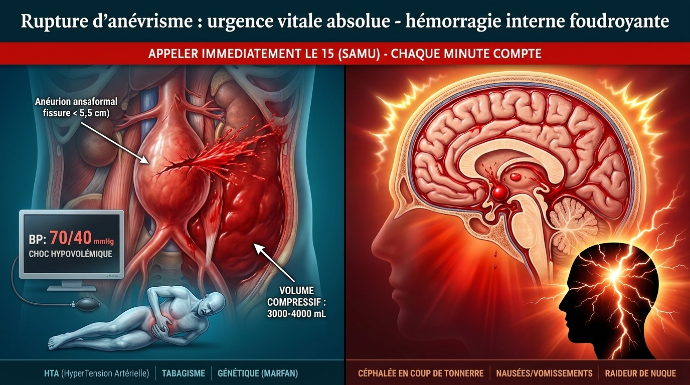 Comparaison dramatique de deux ruptures d'anévrisme : abdominale (choc hypovolémique) vs intracrânienne (hémorragie sous‑arachnoïdienne) — urgence vitale absolue nécessitant le SAMU sans délai.