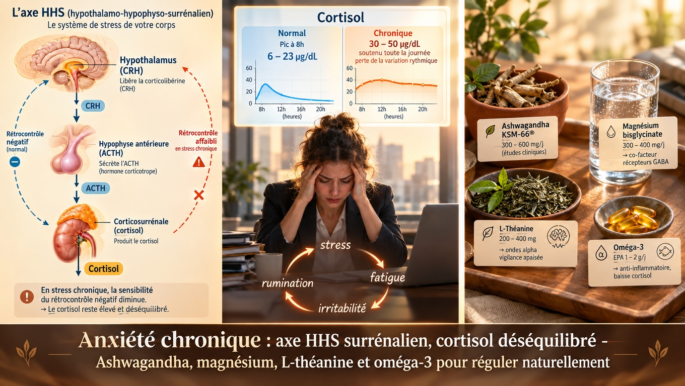 Ashwagandha KSM‑66 baisse le cortisol de 30 %, magnésium B6 active le récepteur GABA‑A, L‑théanine installe les ondes alpha, oméga‑3 calme l'inflammation – une boîte à outils naturelle solidement documentée pour apaiser l'anxiété chronique.