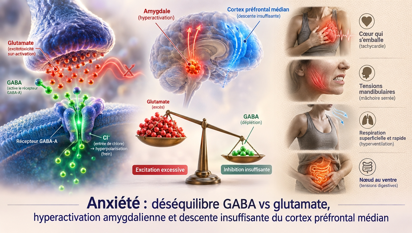 Hyperactivation amygdalienne, GABA trop bas, glutamate trop haut, préfrontal qui n'arrive plus à freiner : physiopathologie neurobiologique de l'anxiété.