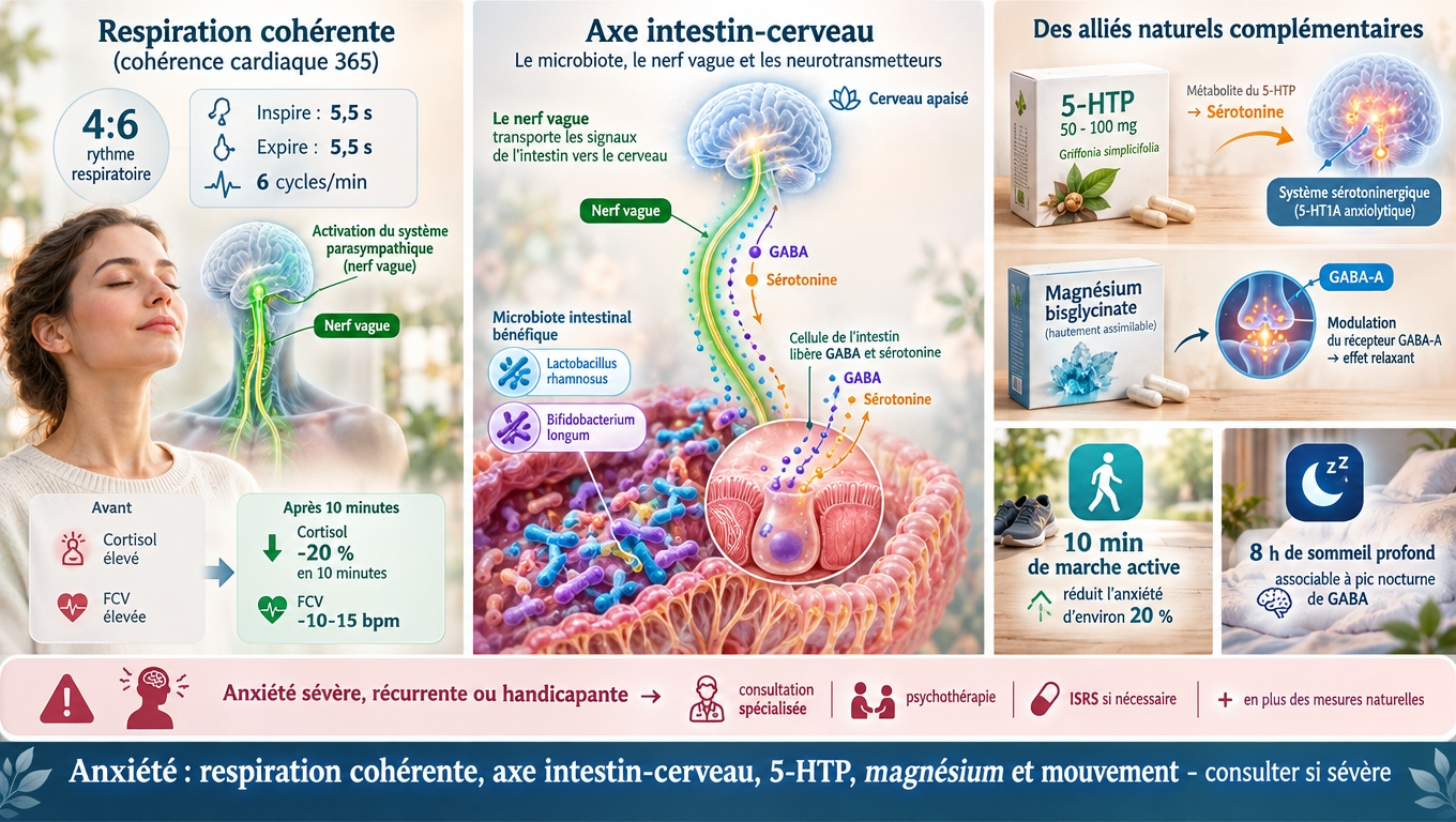Respiration 365, microbiote + sérotonine intestinale, 5‑HTP, magnésium, marche active et sommeil profond : une combinaison multimodale qui complète, sans remplacer, la consultation spécialisée si l'anxiété devient handicapante.