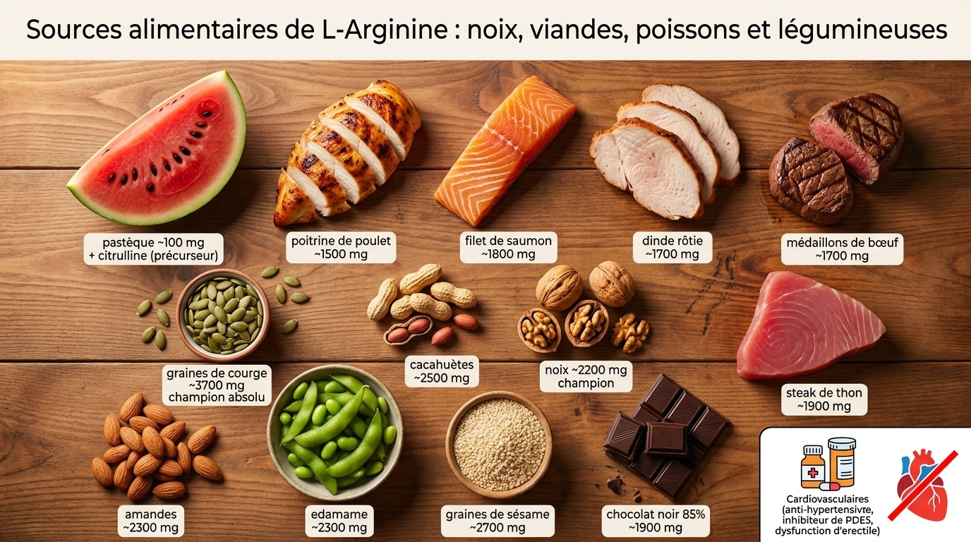 Vue d'ensemble pratique des sources naturelles de L‑arginine : dominance des graines oléagineuses (toc champion : graines de courge ≈ 3 700 mg/100 g), suivies des viandes, poissons, légumineuses, chocolat noir ; ainsi que l'encart obligatoire des précautions liées aux traitements hypotenseurs, aux agents érectiles et à l'infarctus.