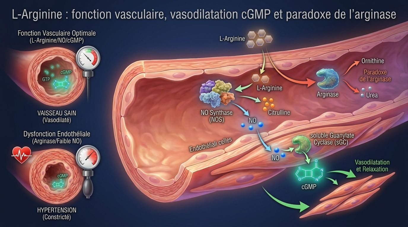 Vue d'ensemble de la physiologie endothéliale et de la cascade L‑arginine → NO → cGMP qui produit la relaxation du muscle lisse vasculaire, complétée par le paradoxe clé de la compétition avec l'arginase et la justification de la citrulline alternative.