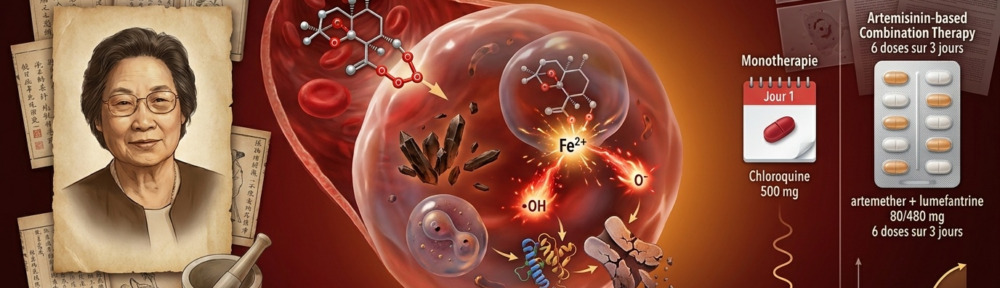 illustration médicale documentée sur fond crimson‑ambré. Tier gauche : portrait en médaillon parcheminé de Tu Youyou, pharmacologue chinoise, étiqueté « Tu Youyou – Prix Nobel de Médecine 2015 – inspirée par Ge Hong (340 apr. J.-C.) ». Tier central : coupe d'un capillaire sanguin avec globule rouge parasité par Plasmodium falciparum, cristaux d'hémozoïne sombres visibles dans la vacuole digestive du parasite ; une molécule d'artémisinine pénètre, son pont endoperoxyde (‑O‑O‑) réagit avec le Fe²⁺ libéré par la digestion de l'hémoglobine → radicaux libres (•OH, RO•) qui alkylent les protéines parasitaires (notamment PfATP6 SERCA‑type ATPase), destruction rapide du parasite en quelques heures. Tier droit : comparaison de deux schémas thérapeutiques : monothérapie chloroquine 500 mg J1 vs combinaison ACT (artemether + luméfantrine 80/480 mg sur 3 jours), blister montrant le taux de guérison > 95 % avec ACT. Lumière cinématographique chaude, style documentaire.