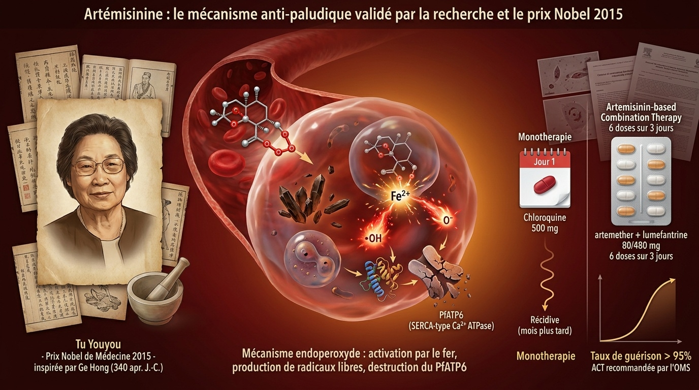 Synthèse visuelle de la découverte de l'artémisinine (Nobel 2015) et de son mécanisme d'action radicalaire contre Plasmodium falciparum, validé en CTA par l'OMS.