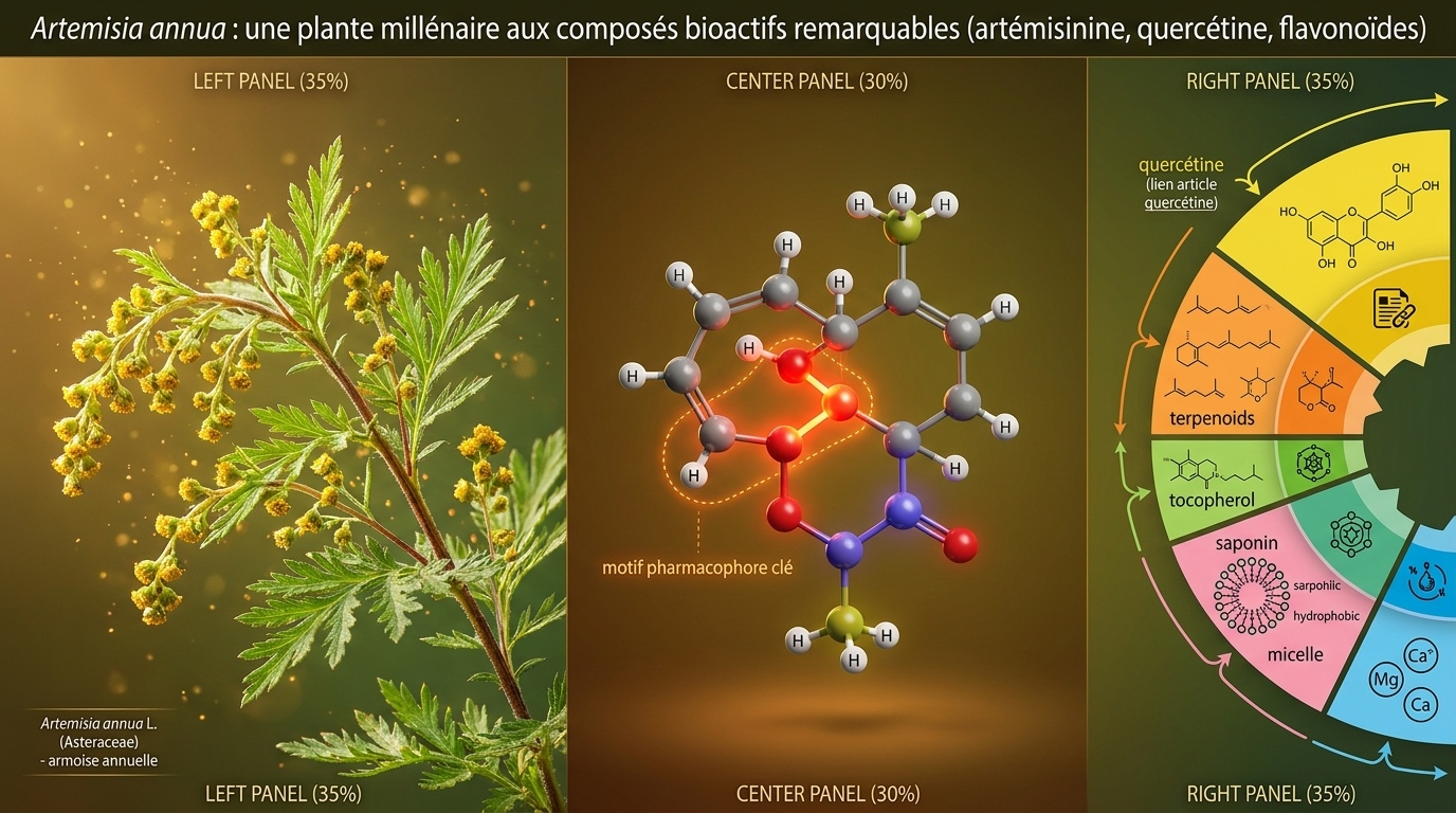 Vue d'ensemble botanique et moléculaire de l'Artemisia annua, plante médicinale asiatique riche en artémisinine, flavonoïdes et micronutriments.