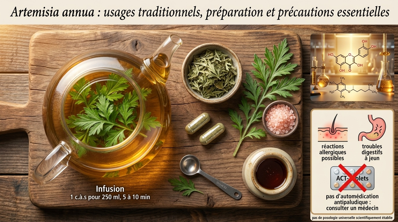 Mise en scène food‑éditoriale des usages traditionnels d'Artemisia annua (infusion, gélules, cuisine) assortie d'un rappel sécurité simple et efficace pour le lecteur.