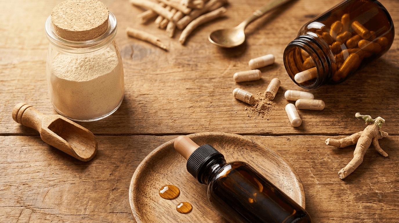 Composition lifestyle santé illustrant les trois principales formes de consommation de l'Ashwagandha : poudre traditionnelle en boisson, gélules modernes standardisées, et teinture mère.