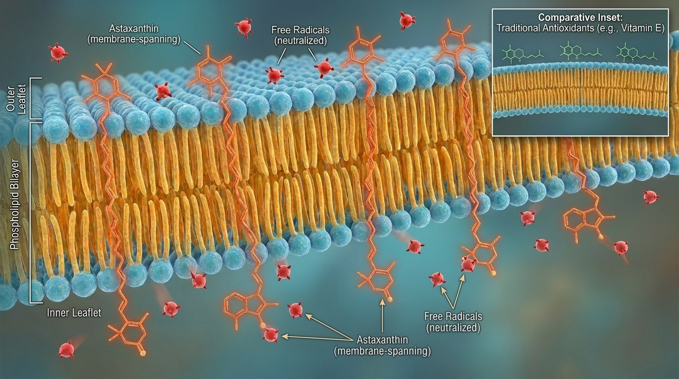 Schéma biochimique de précision illustrant la signature unique de l'astaxanthine : sa capacité membranaire à couvrir toute l'épaisseur de la bicouche, là où la vitamine E ne protège qu'un seul feuillet lipidique.