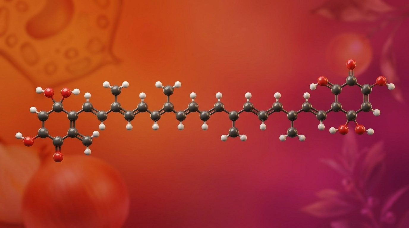 Représentation pharmacologique de précision illustrant la structure moléculaire particulière de l'astaxanthine, à l'origine de sa capacité unique à traverser entièrement les membranes cellulaires.