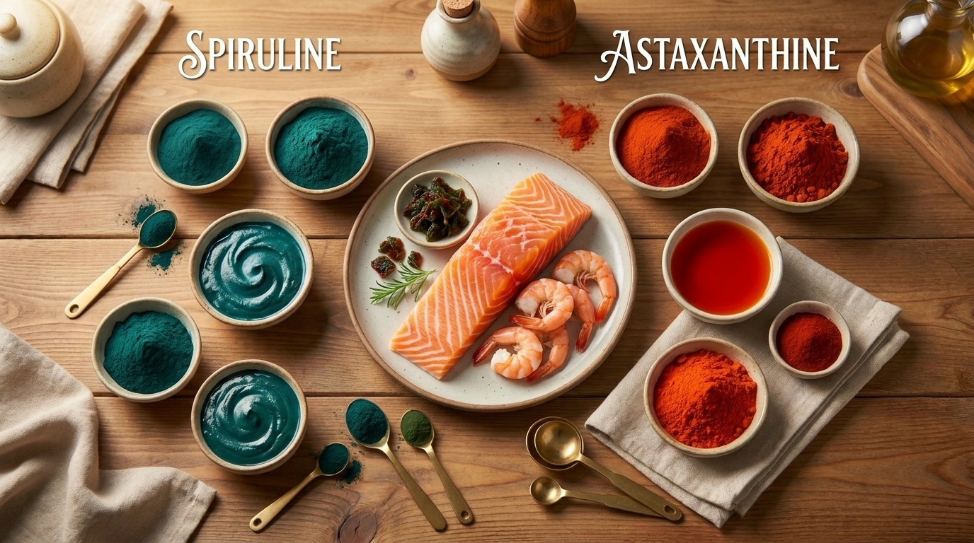 Composition alimentaire comparative distinguant clairement astaxanthine et spiruline, deux super-aliments issus du monde des algues mais aux profils nutritionnels et utilisations très différents.