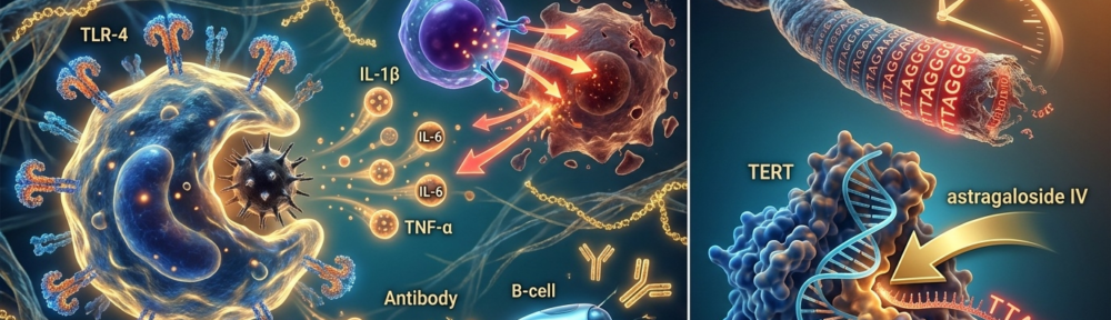 Infographie split‑screen éditoriale sur fond cobalt‑teal profond. Moitié gauche (immunité) : macrophage transportant des récepteurs TLR‑4 surfaciques en pleine phagocytose d'un agent pathogène, sécrétant des cytokines orange (IL‑1β, IL‑6, TNF‑α) ; à côté, cellule NK (Natural Killer) attaquant une cellule infectée au moyen de perforines/granzyme (flèches rouges) ; lymphocyte B produisant des immunoglobulines en Y ; la matrice extracellulaire autour est parsemée de chaînes β‑glucanes APS d'astragale — modulateurs biologiquement actifs. Moitié droite (anti‑âge) : gros plan sur l'extrémité d'un chromosome avec des télomères (motif TTAGGG rouge) qui se raccourcissent visuellement à chaque division cellulaire ; un grand modèle 3D de la télomérase (TERT + hTR ARN matrice, bleu clair) étend activement le brin télomérique sous la stimulation d'une molécule astragaloside IV (flèche dorée pousant l'activité catalytique). Palette ambre‑cobalt, rendu photoréaliste 16:9.