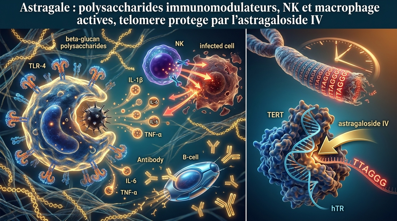Immuno‑stimulation innée/adaptative par les polysaccharides APS + effet pro‑télomérase de l'astragaloside IV.