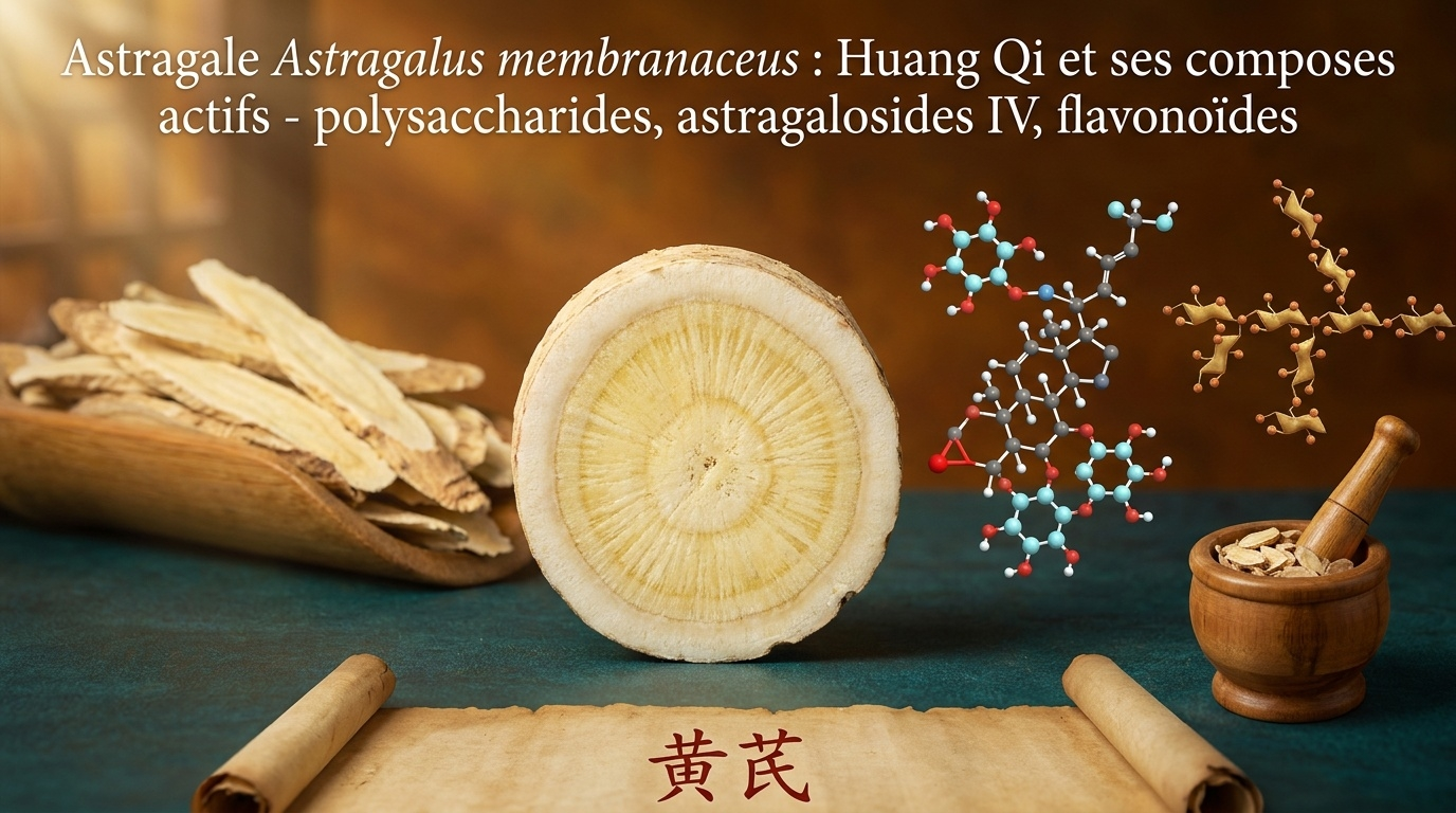 Vue botanique et moléculaire de l'astragale Huang Qi et de ses trois familles de composés bioactifs.