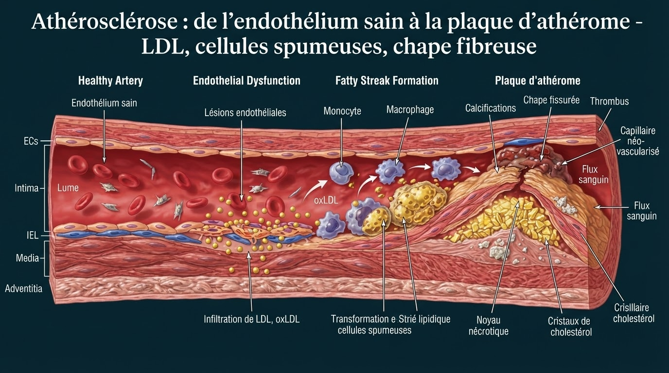 Schéma complet des quatre étapes cellulaires et moléculaires menant à la plaque d'athérome mature.